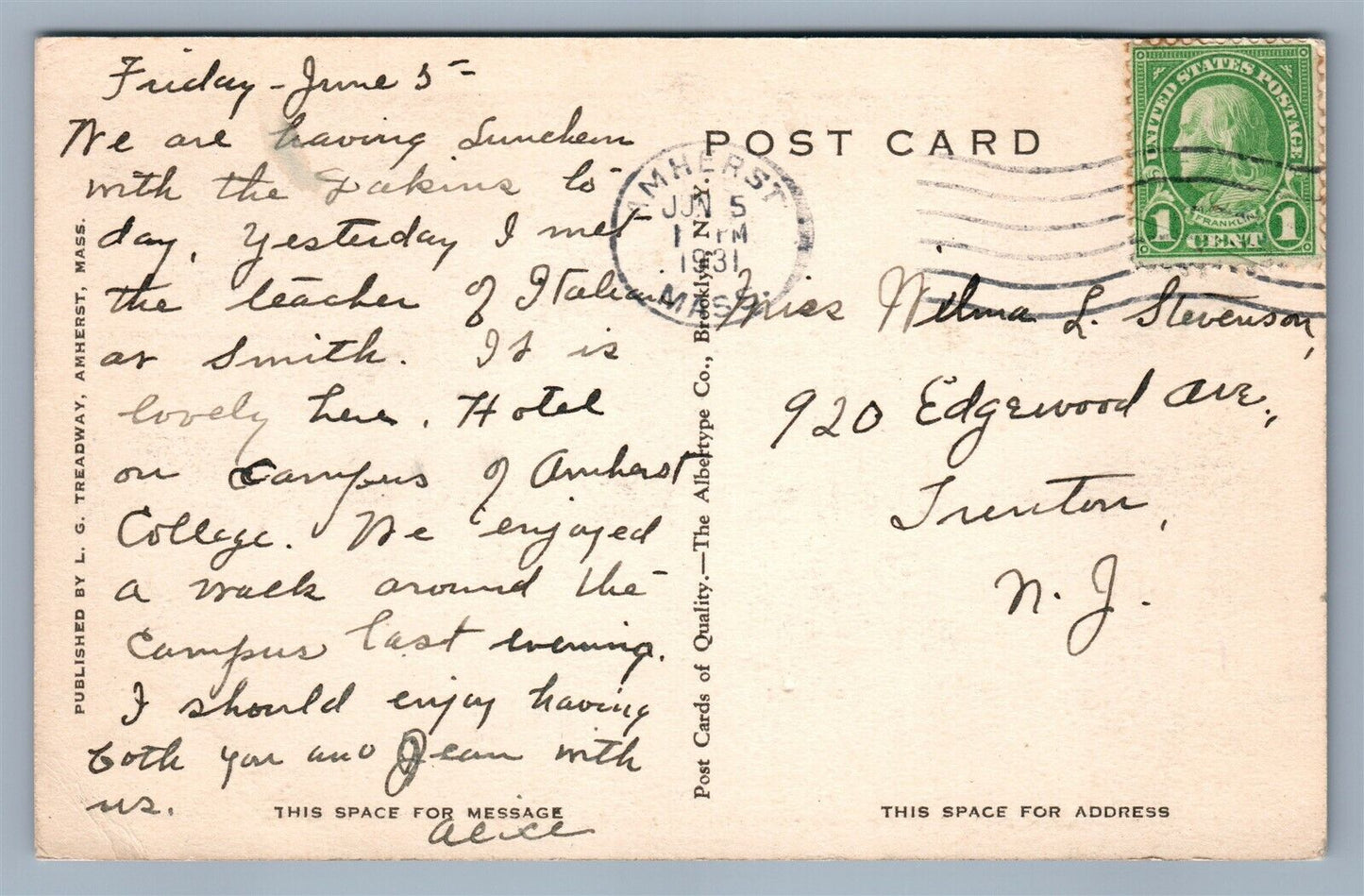 AMHERST MA LORD JEFFERY HOTEL DINING ROOM ANTIQUE POSTCARD