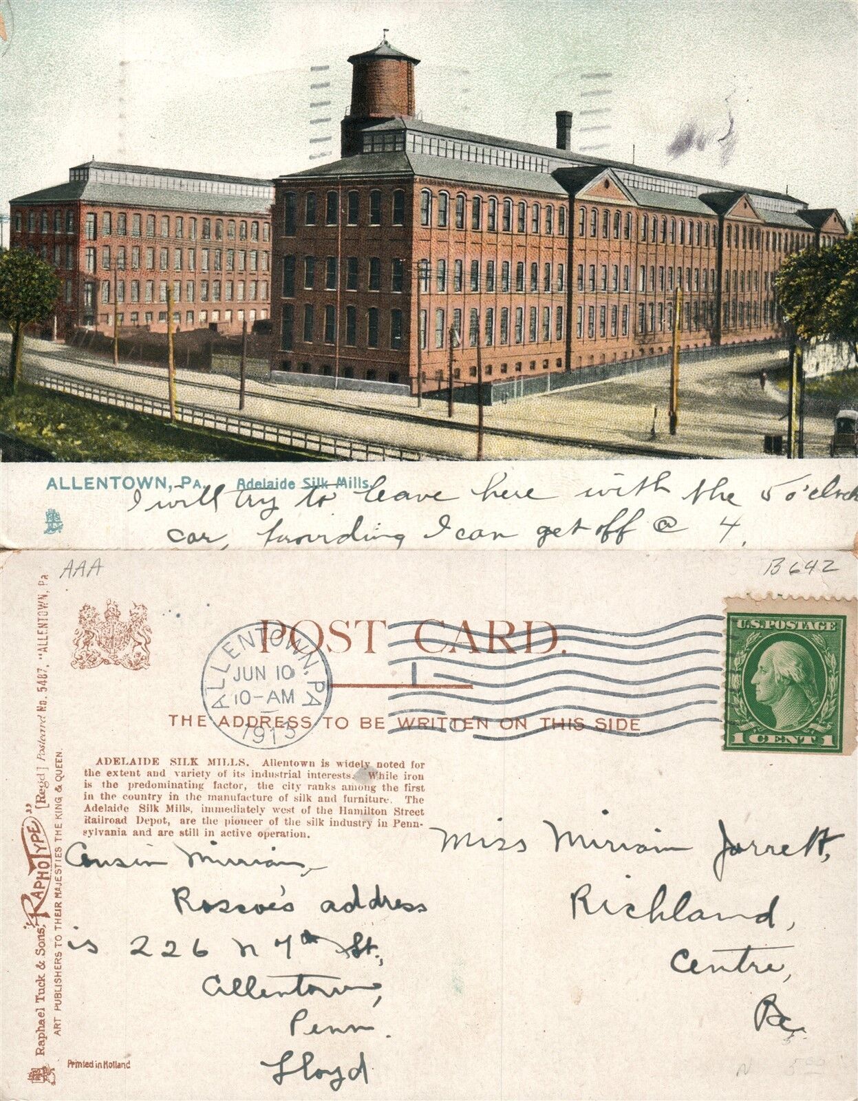ALLENTOWN PA ADELAIDE SILK MILLS 1913 ANTIQUE POSTCARD
