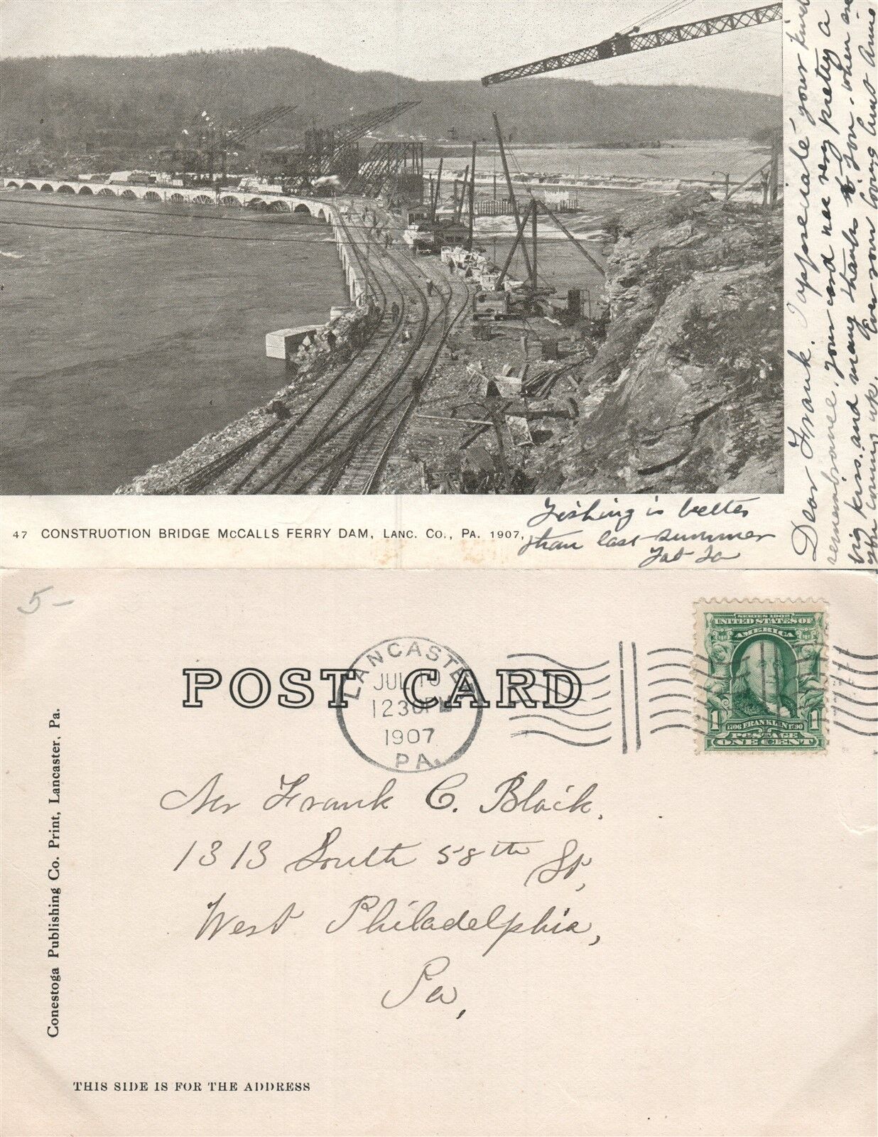 LANCASTER CO. McCALLS FERRY DAM CONSTRUCTION BRIDGE ANTIQUE 1907 POSTCARD