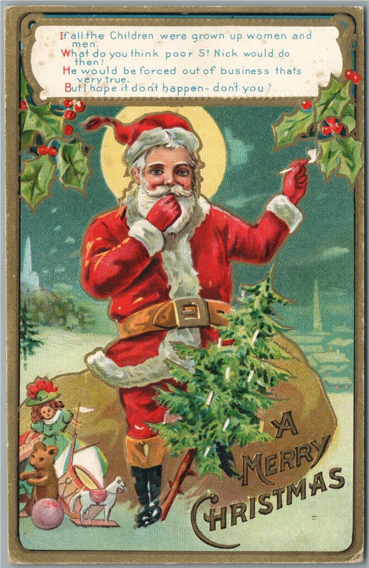 MERRY CHRISTMAS SANTA w/ TOYS ANTIQUE POSTCARD