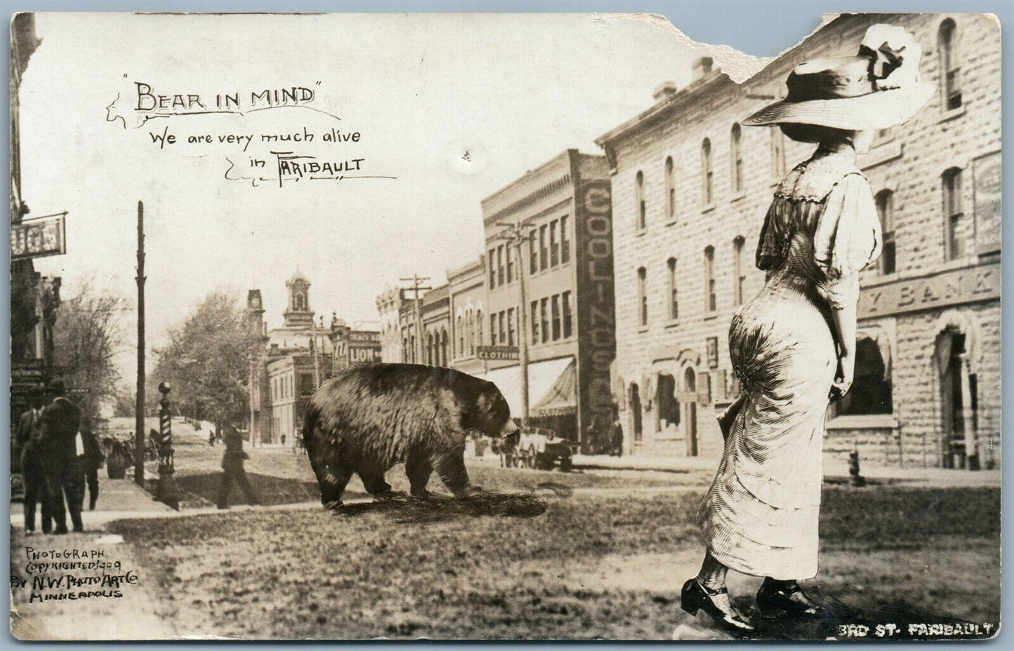 FARIBAULT MN 3rd STREET SCENE w/ BEARS 1909 ANTIQUE PHOTOMONTAGE REAL PHOTO RPPC