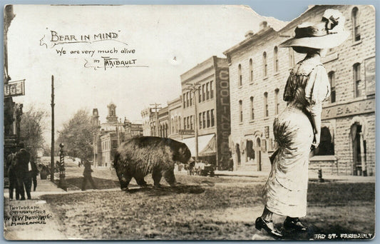 FARIBAULT MN 3rd STREET SCENE w/ BEARS 1909 ANTIQUE PHOTOMONTAGE REAL PHOTO RPPC