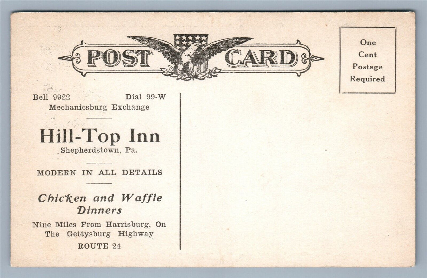 SHEPHERDSTOWN PA HILL TOP INN ADVERTISING ANTIQUE POSTCARD