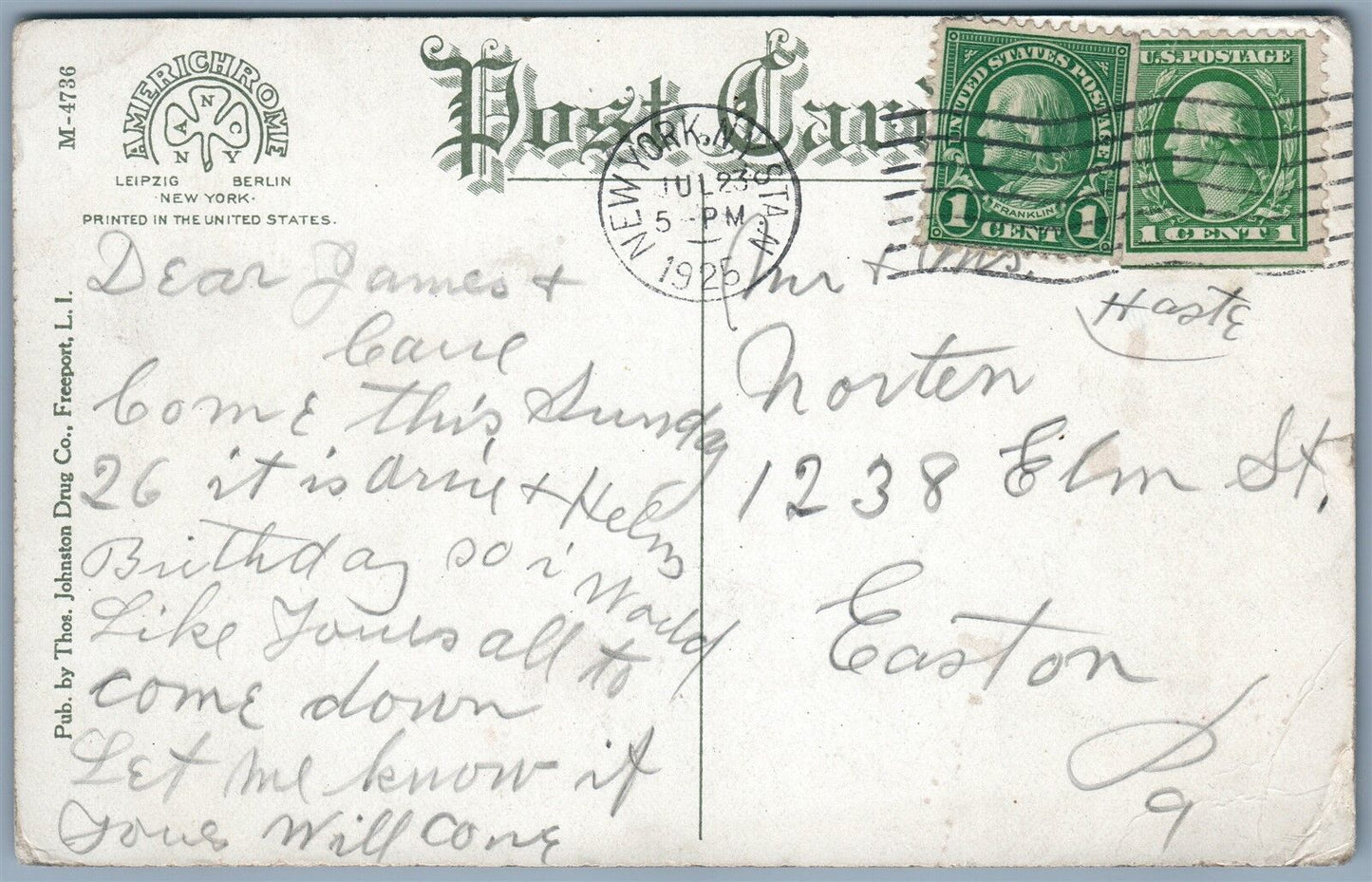 FREEPORT LONG ISLAND NY SOUTH OCEAN AVENUE 1925 ANTIQUE POSTCARD