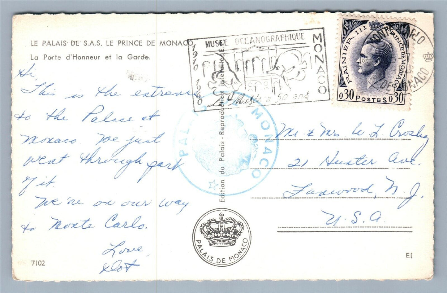 MONACO PRINCE'S PALACE VINTAGE REAL PHOTO POSTCARD RPPC w/ OCEANOGRAPHIQUE STAMP
