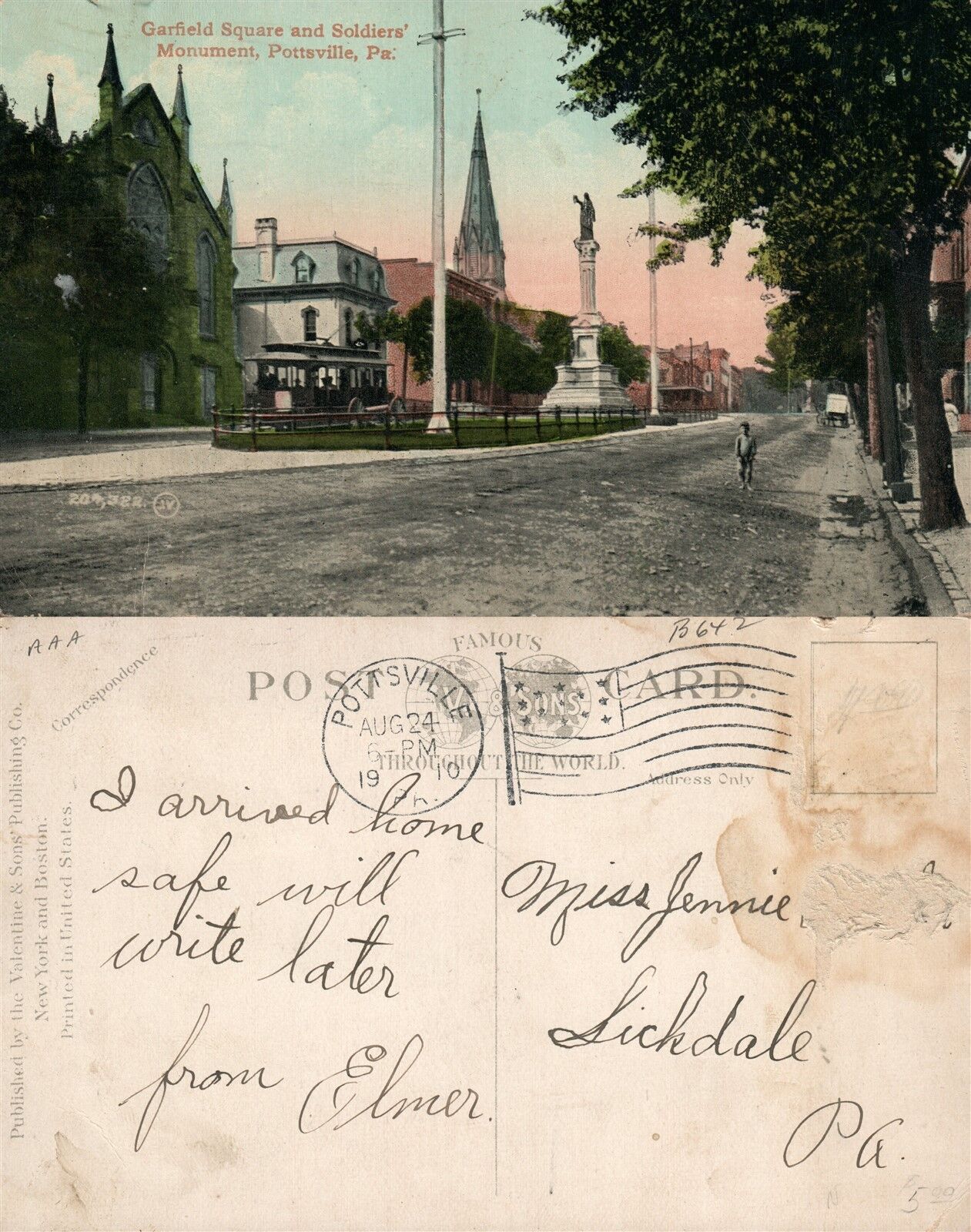 POTTSVILLE PA GARFIELD SQUARE & SOLDIERS MONUMENT 1910 ANTIQUE POSTCARD