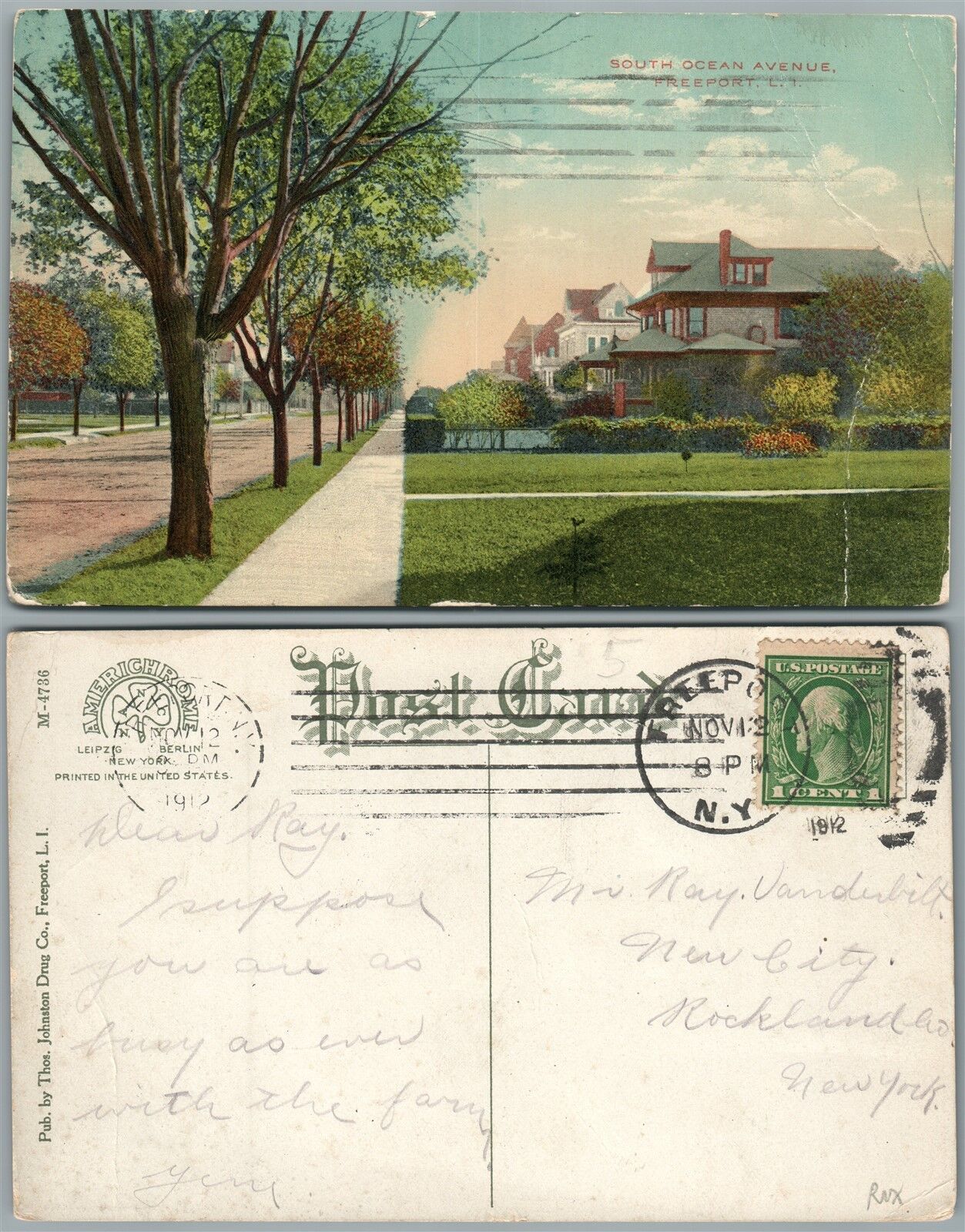 LONG ISLAND N.Y. FREEPORT SOUTH OCEAN AVENUE 1912 ANTIQUE POSTCARD