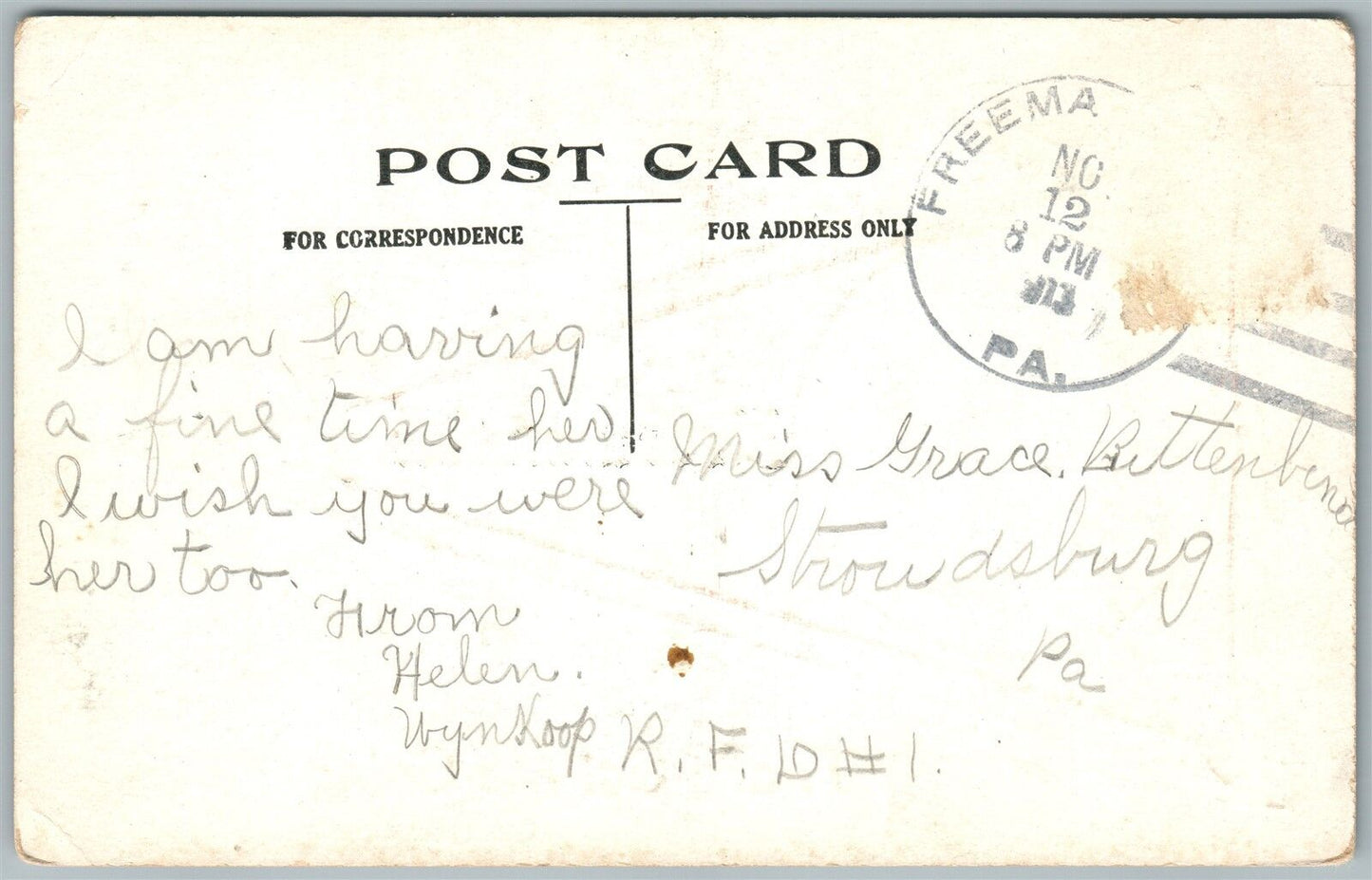 FREEMANSBURG PA 1913 ANTIQUE POSTCARD