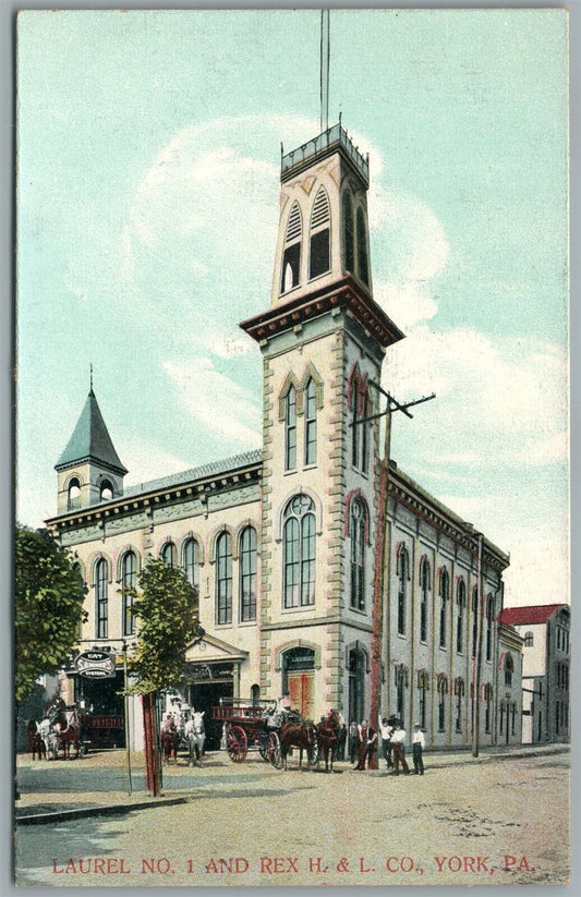 YORK PA FIRE STATION LAUREL No.1 & REX H & L Co. ANTIQUE POSTCARD
