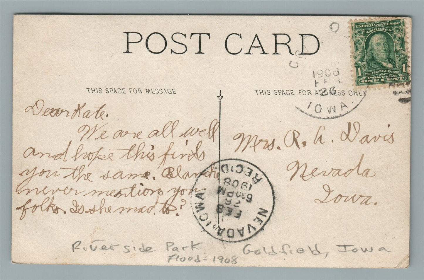 GOLDFIELD IA RIVERSIDE PARK FLOOD 1908 ANTIQUE REAL PHOTO POSTCARD RPPC