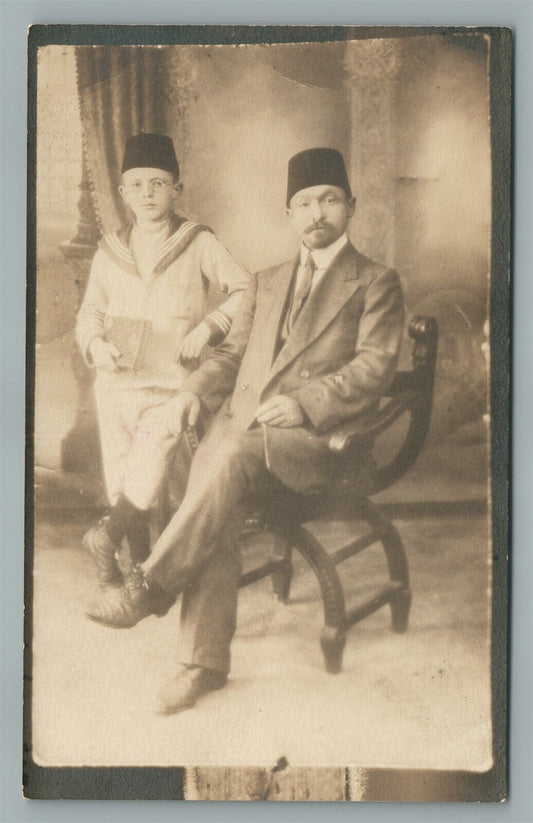 JEWISH FATHER & SON ANTIQUE REAL PHOTO POSTCARD RPPC JUDAICA