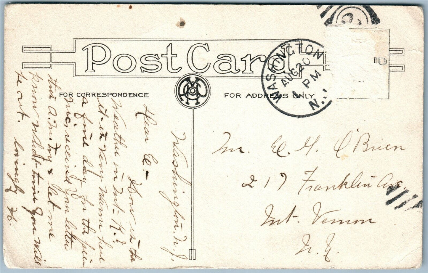 WASHINGTON NJ ROMANTIC ANTIQUE POSTCARD