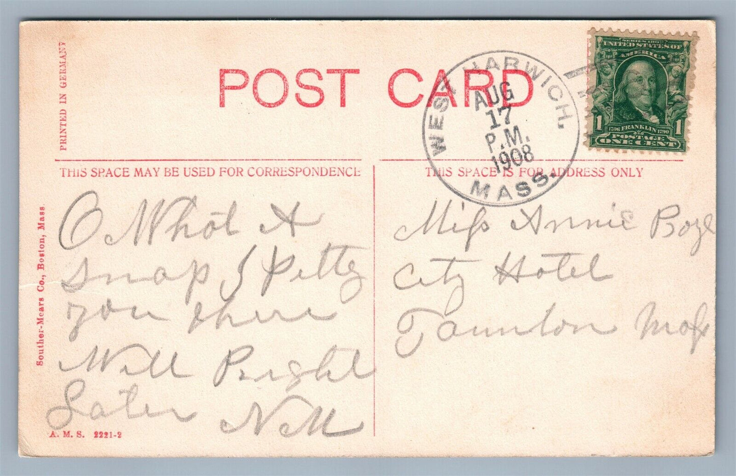 WEST HARWICH MA BEACH & HOTEL 1908 ANTIQUE POSTCARD