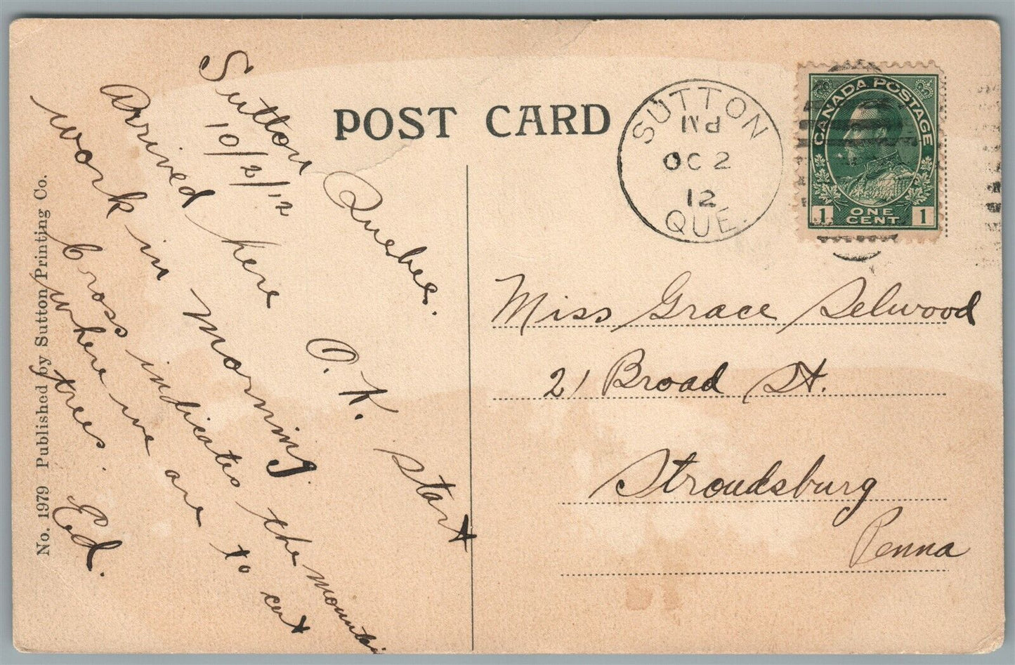 CANADA SUTTON QUE AND ROUND TOP ANTIQUE POSTCARD
