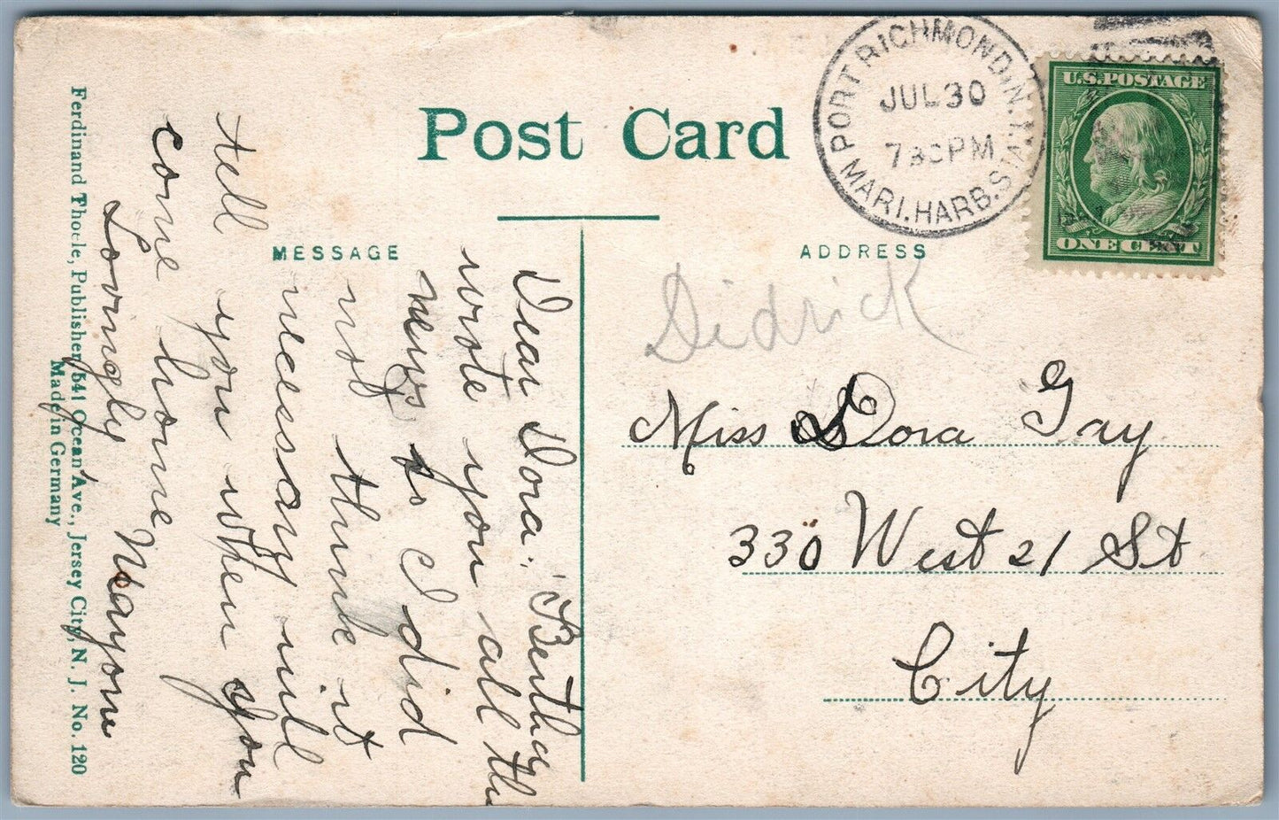 STATEN ISLAND NY MORAVIAN CEMETERY ANTIQUE POSTCARD