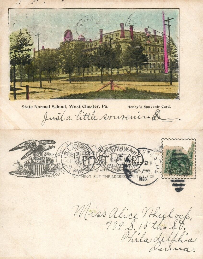 WEST CHESTER STATE NORMAL SCHOOL 1906 UNDIVIDED ANTIQUE POSTCARD CORK CANCEL