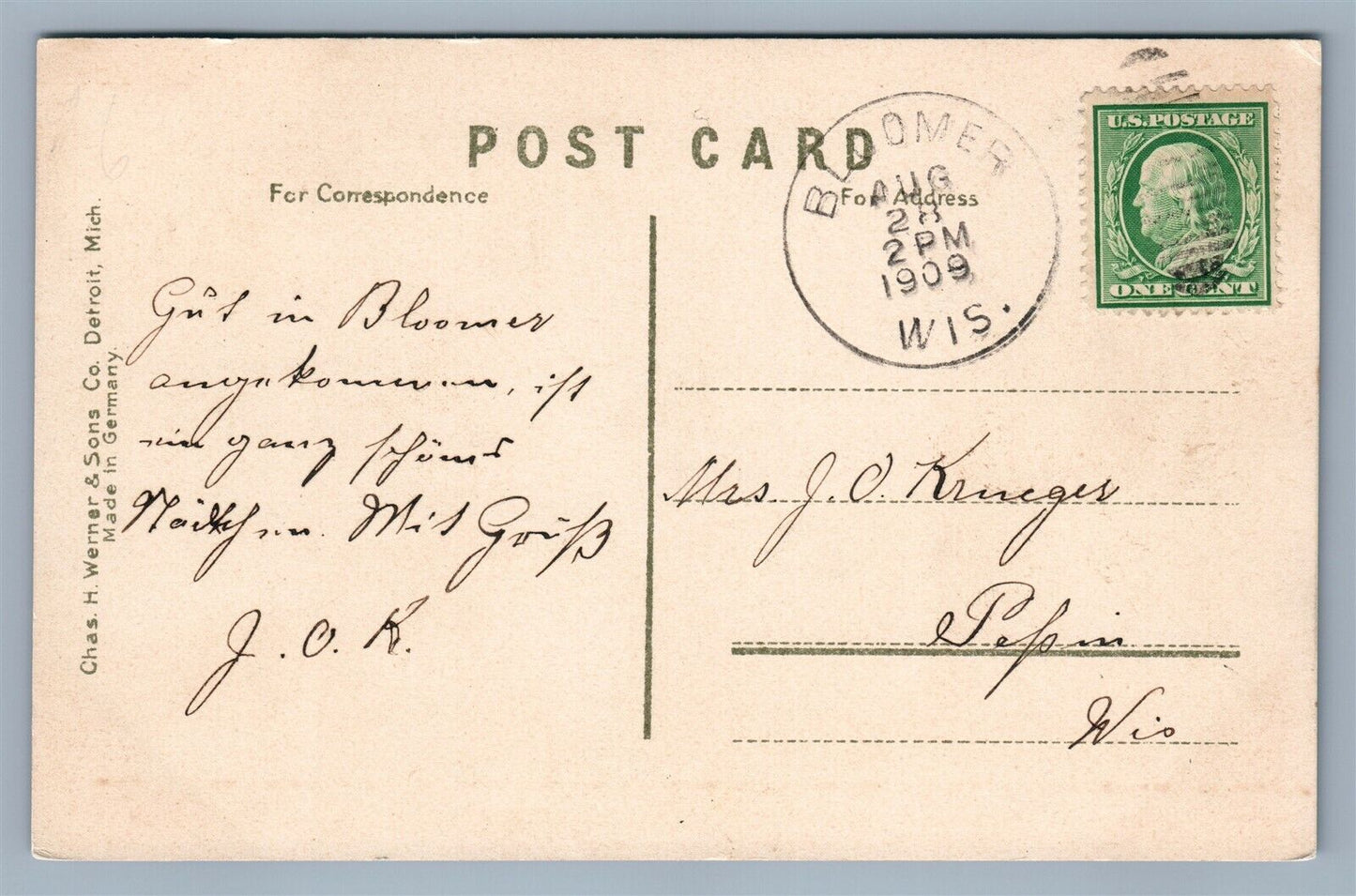 BLOOMER WI LUTHERAN CHURCH 1909 ANTIQUE POSTCARD