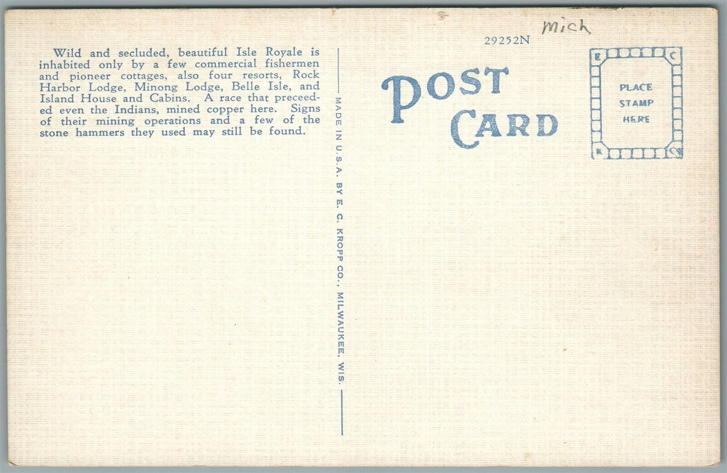 LAKE SUPERIOR MI ISLE ROYALE LIGHTHOUSE VINTAGE POSTCARD