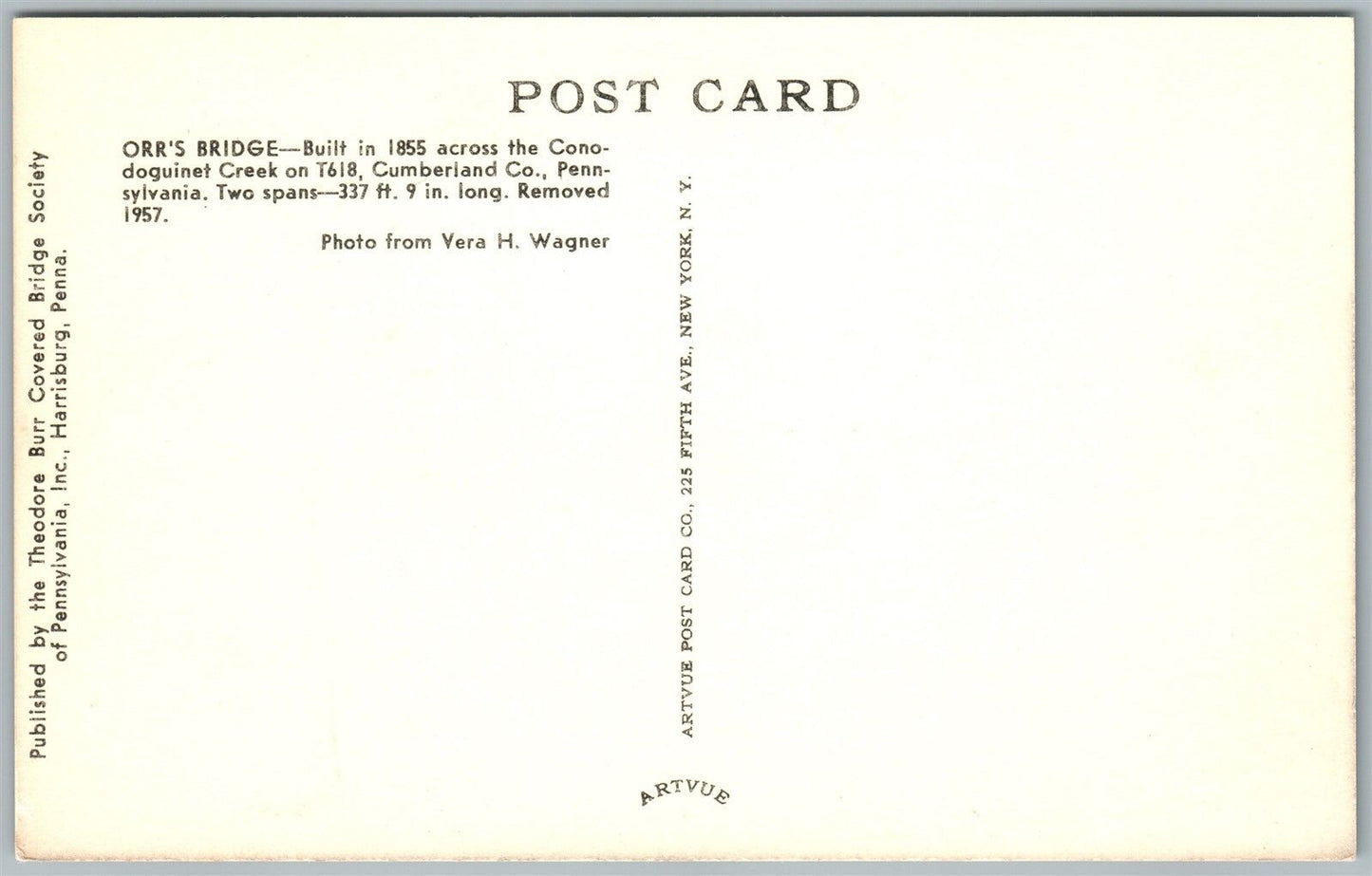 CUMBERLAND CO. PA ORR'SCOVERED BRIDGE VINTAGE POSTCARD