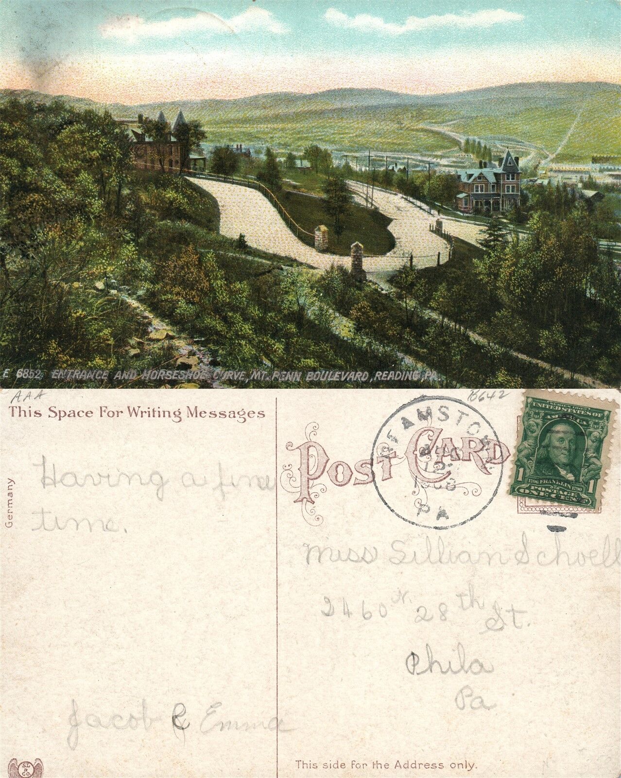 READING PA MT.PENN BOULEVARD 1908 ANTIQUE POSTCARD