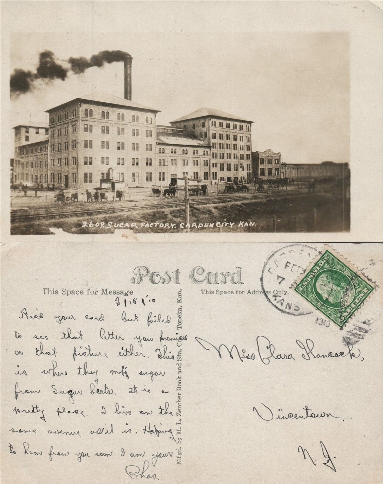 GARDEN CITY KS SUGAR FACTORY 1910 PPC ANTIQUE REAL PHOTO POSTCARD CORK CANCEL