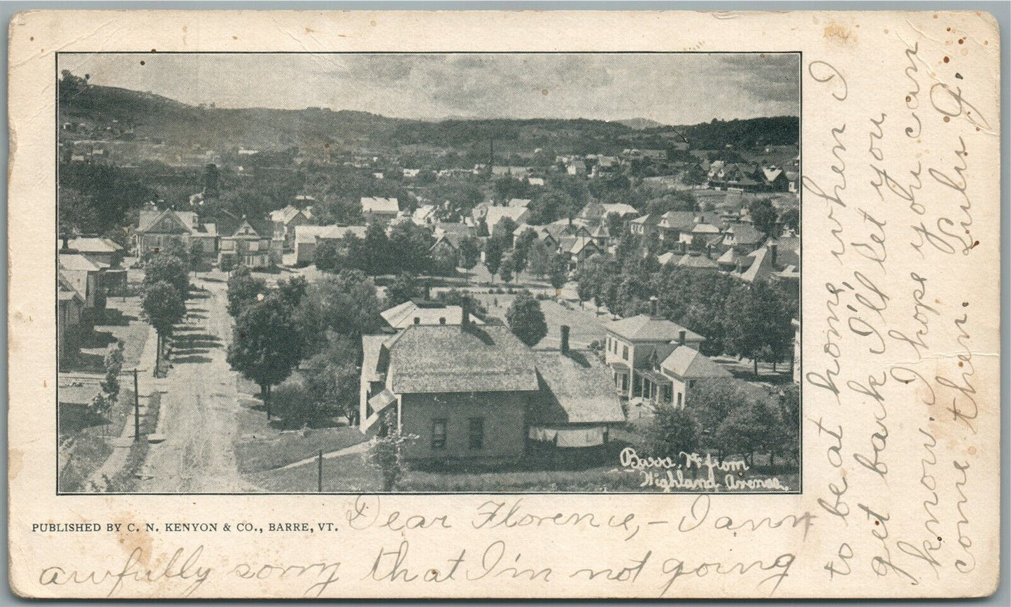 BARRE VT FROM HIGHLAND AVENUE ANTIQUE POSTCARD