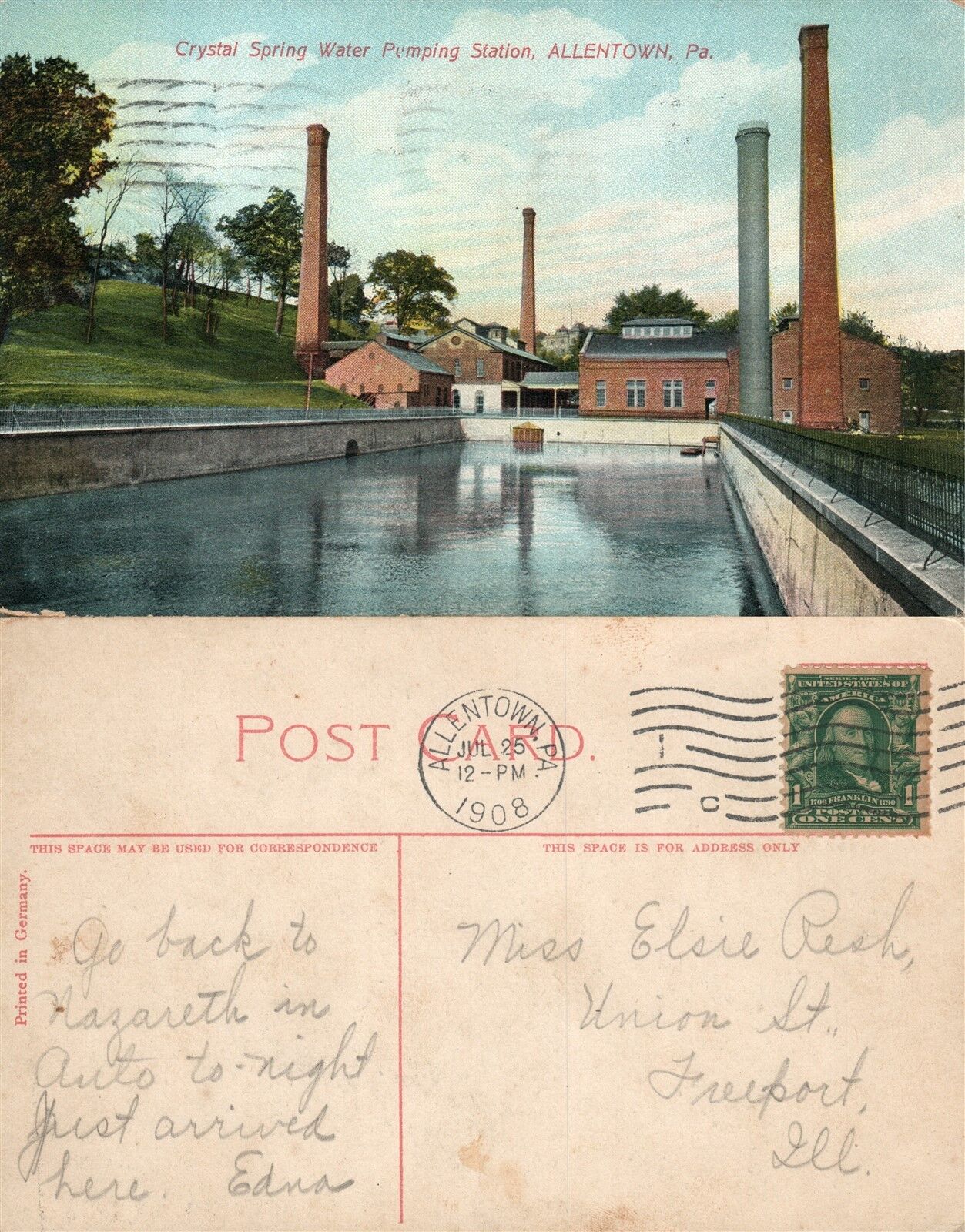 ALLENTOWN PA CRYSTAL SPRING WATER PUMPING STATION 1908 ANTIQUE POSTCARD