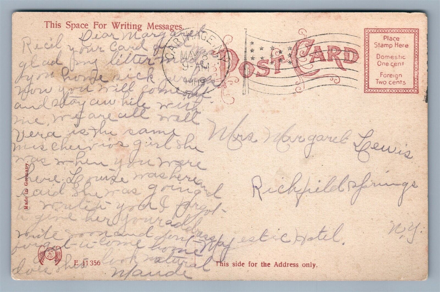 CARTHAGE NY ELMHIRST HOTEL 1909 ANTIQUE POSTCARD