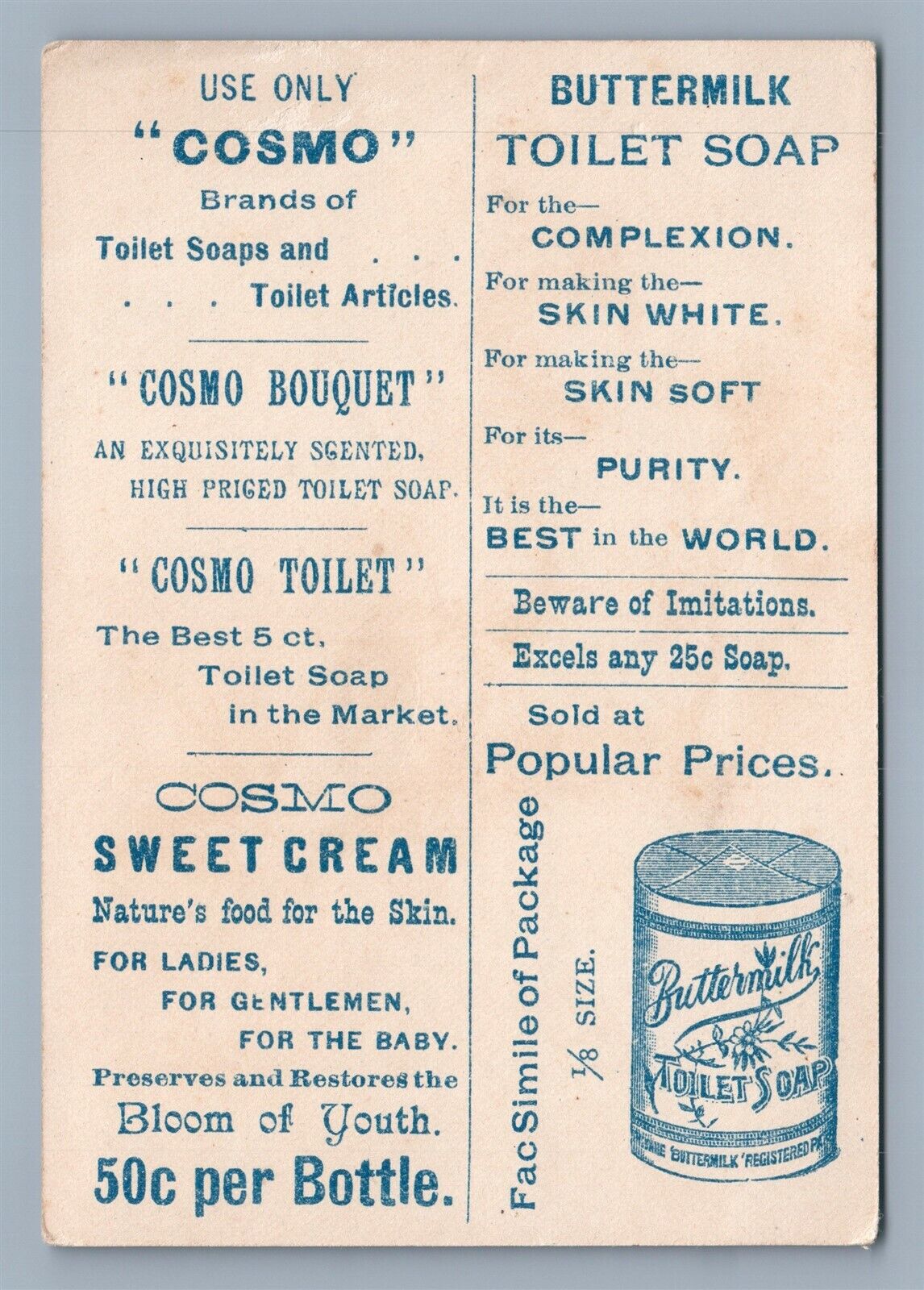 VICTORIAN TRADE CARD COSMO BRAND BUTTERMILK TOILET SOAP