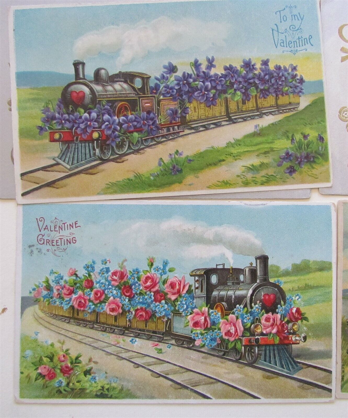 LOT of 10 VALENTINE ANTIQUE EMBOSSED POSTCARDS w/ FLOWERS TRAINS CUPID