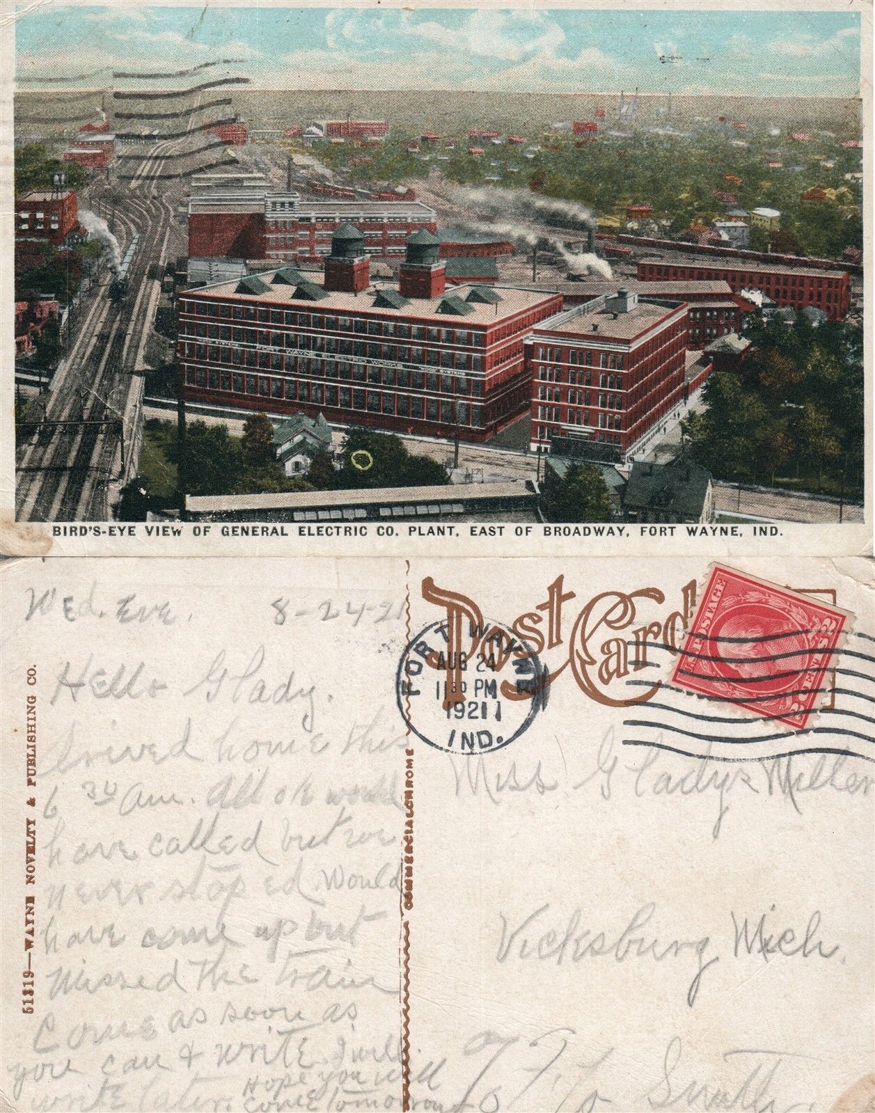 FORT WAYNE IND. GENERAL ELECTRIC CO. PLANT 1921 ANTIQUE POSTCARD