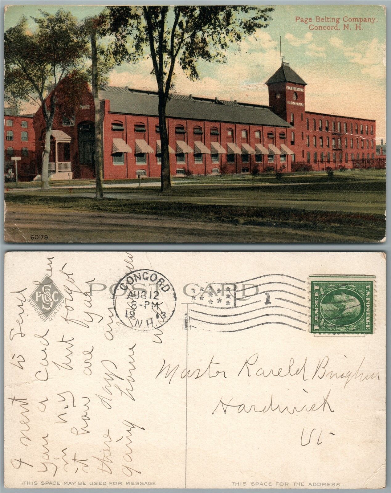 CONCORD N.H. PAGE BELTING COMPANY 1913 ANTIQUE POSTCARD