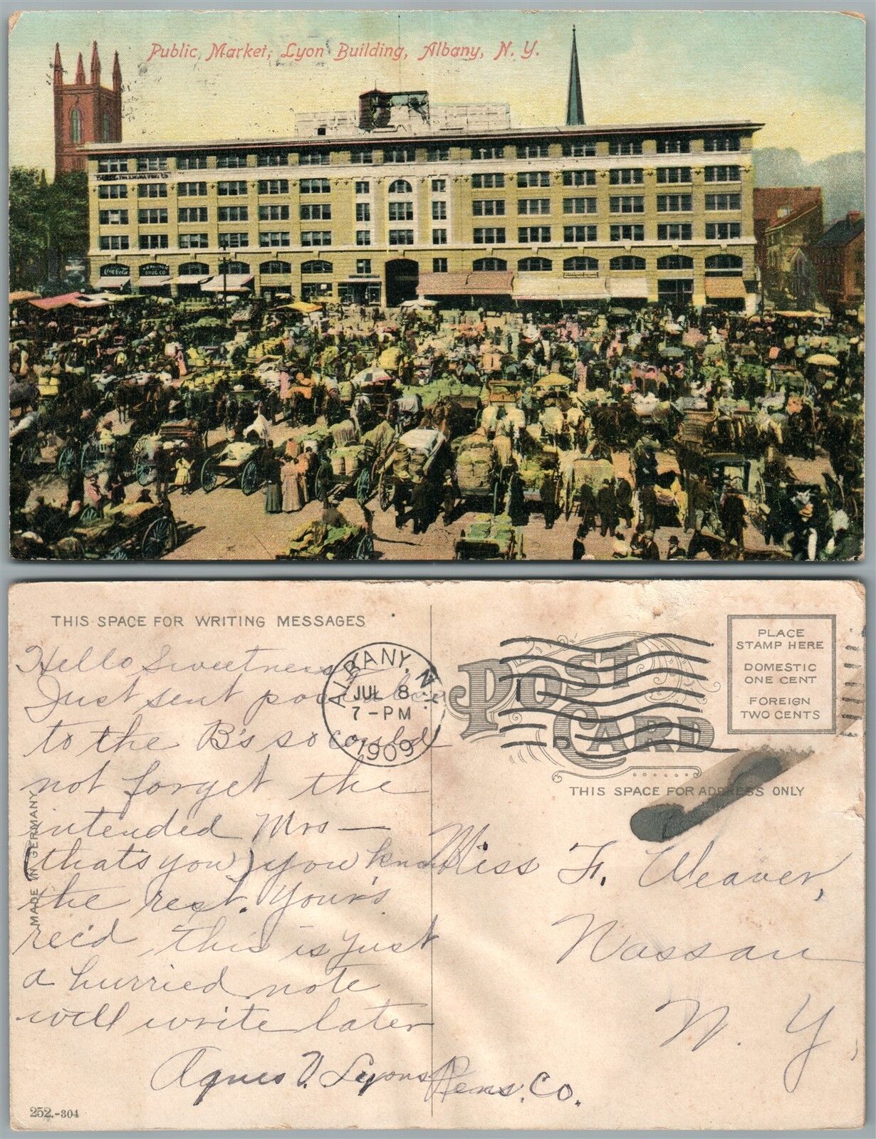 ALBANY N.Y. PUBLIC MARKET LYON BUILDING 1909 ANTIQUE POSTCARD