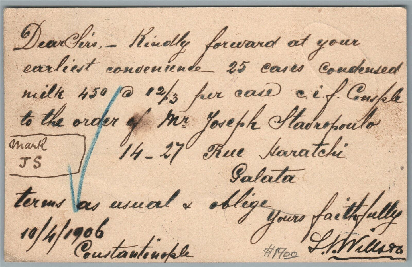 CONSTANTINOPLE TURKEY GERMANY 1906 ANTIQUE POSTCARD