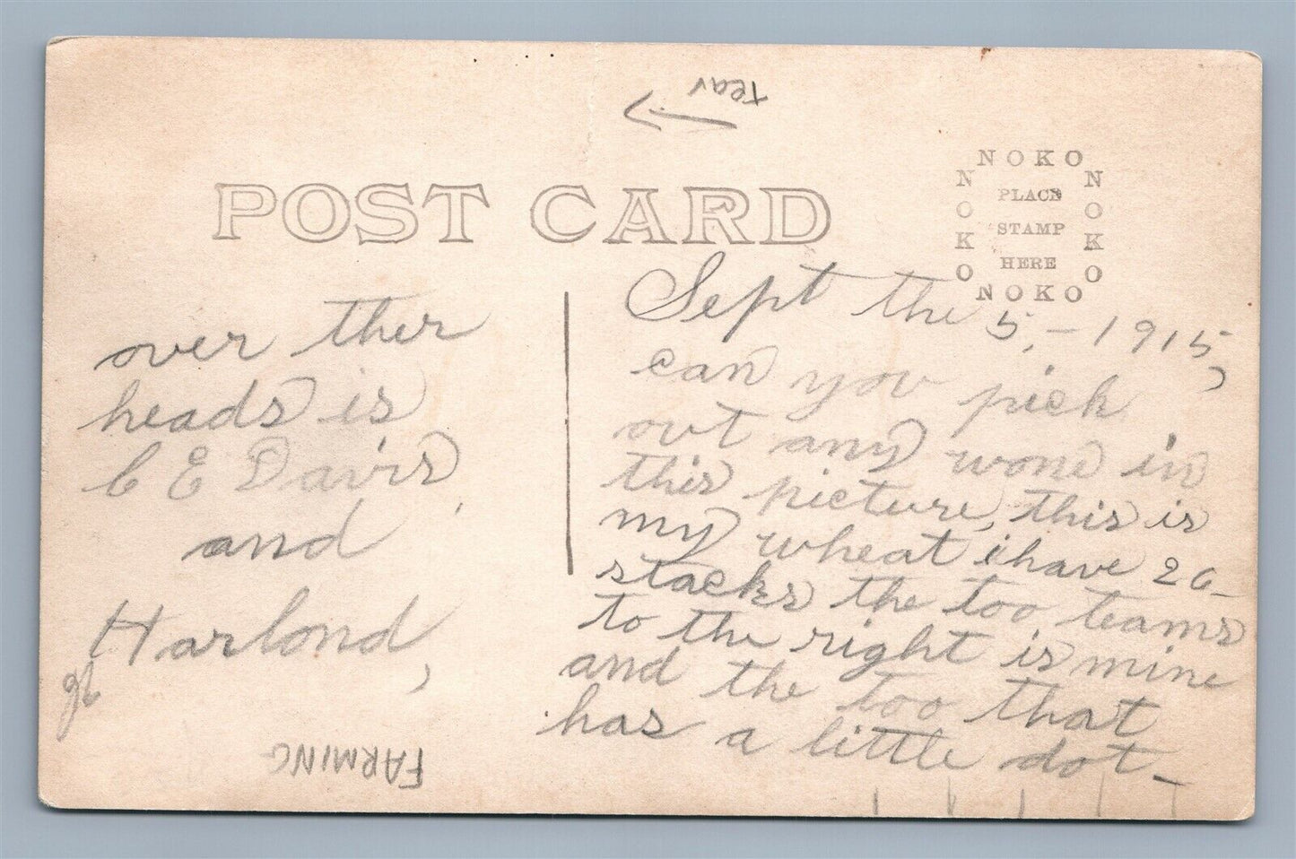 FARM SCENE HARVESTING HORSE CARTS 1915 ANTIQUE REAL PHOTO POSTCARD RPPC