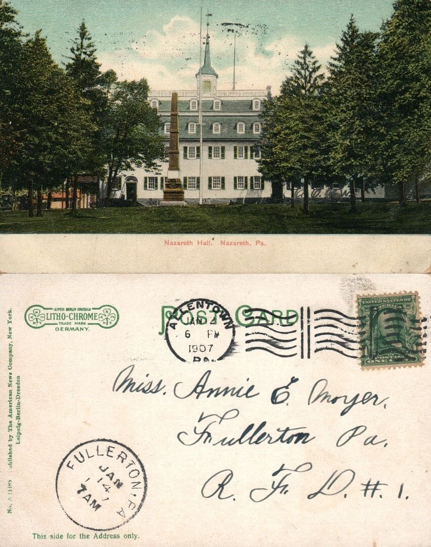 NAZARETH PA NAZARETH HALL ANTIQUE 1907 POSTCARD