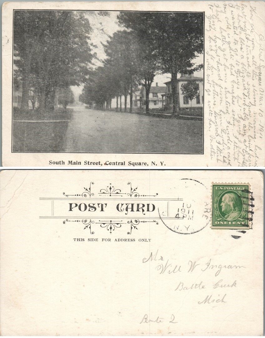 SOUTH MAIN STREET CENTRAL SQUARE N.Y. 1911 ANTIQUE POSTCARD