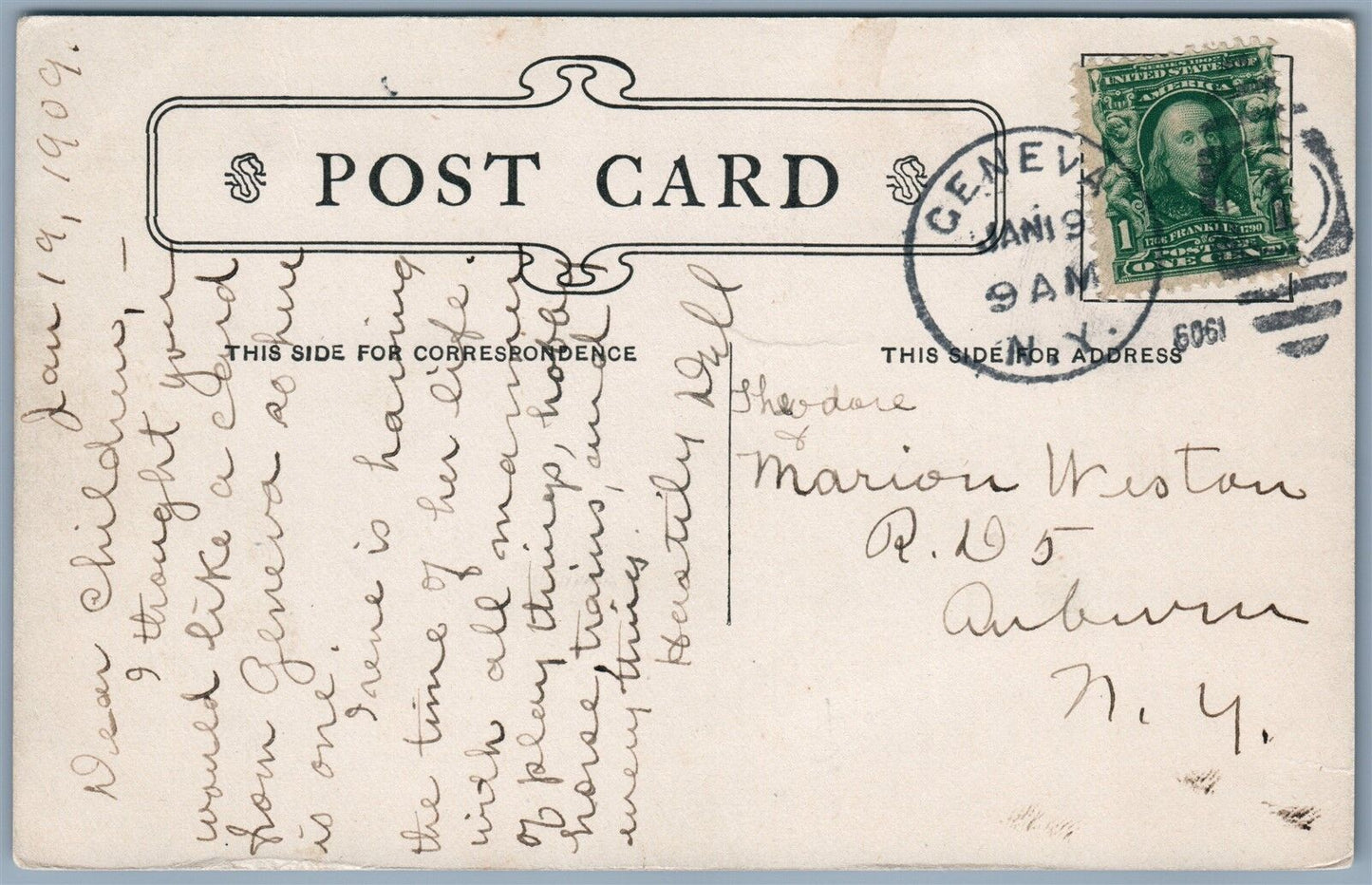 GENEVA NY WHITE SPRINGS DAIRY FARM 1909 ANTIQUE POSTCARD w/ CORK CANCEL