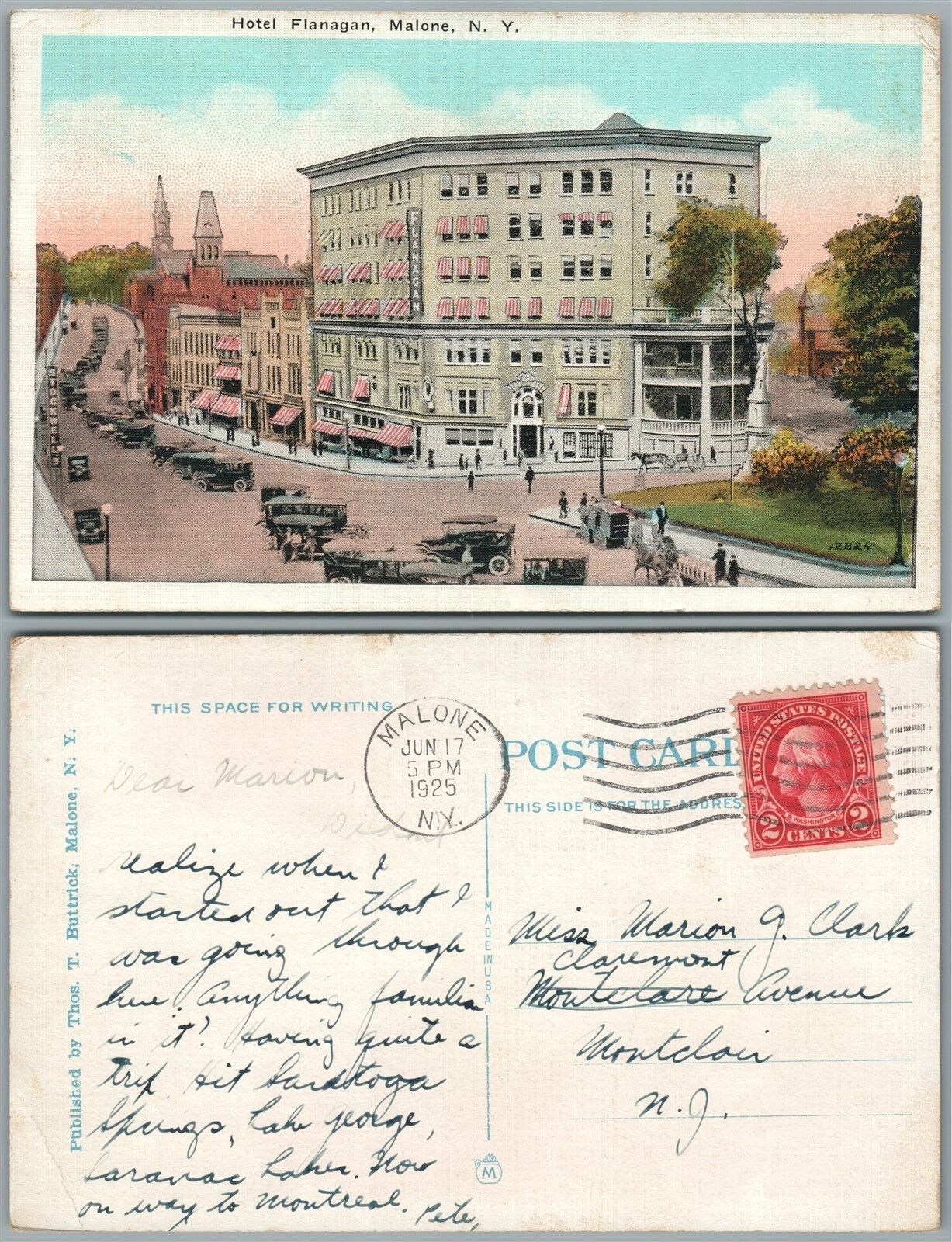 MALONE N.Y. HOTEL FLANAGAN 1925 ANTIQUE POSTCARD