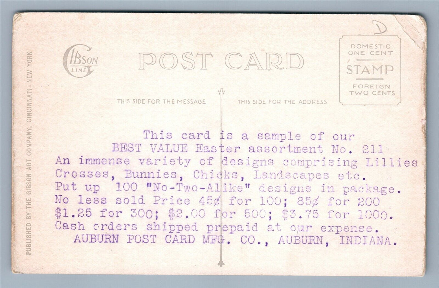 AUBURN IN POST CARD WHOLESALE CO. ADVERTISING ANTIQUE POSTCARD