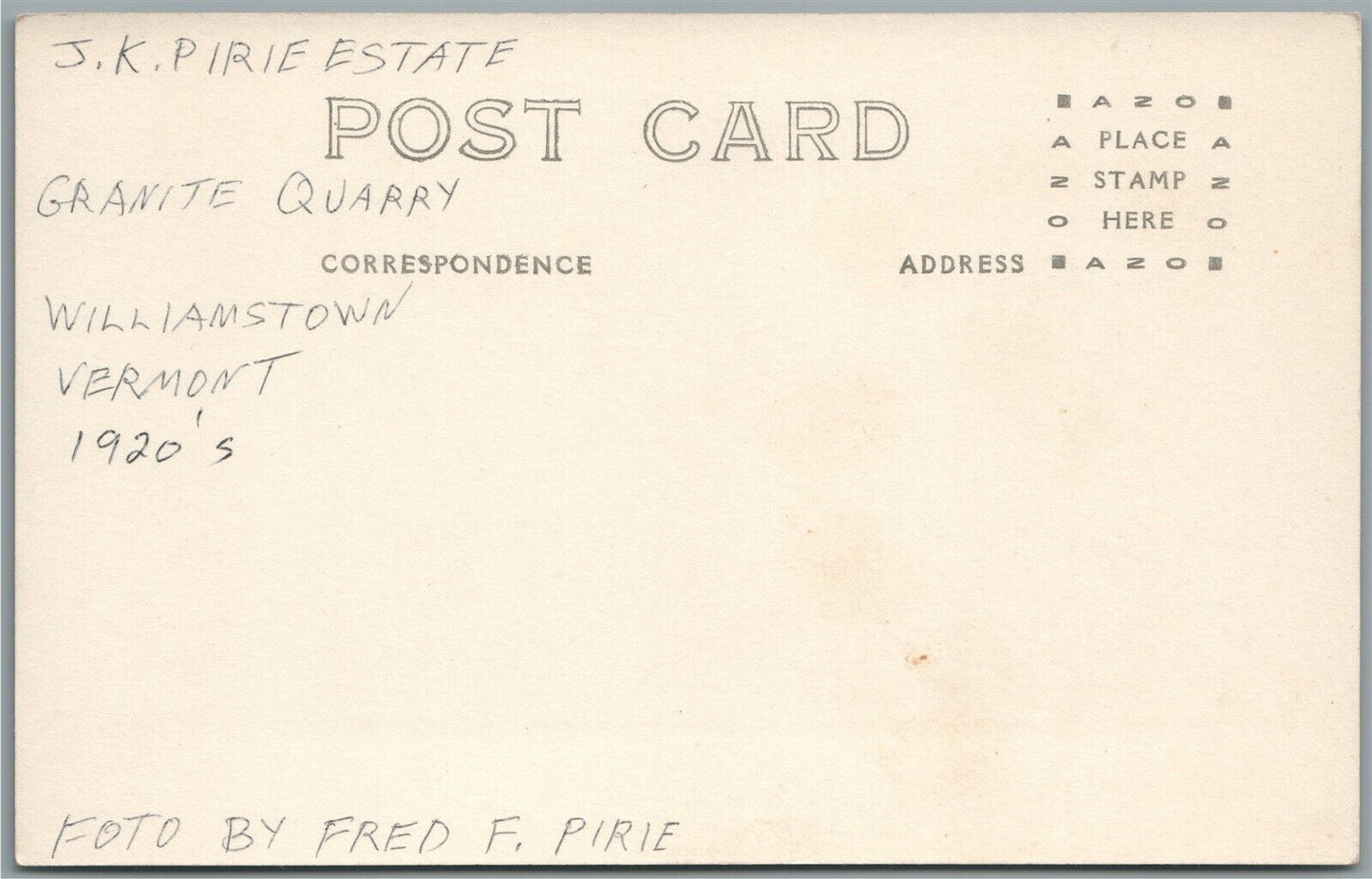 WILLIAMSTOWN VT J. PIRIE ESTATE GRANITE QUARRY ANTIQUE REAL PHOTO POSTCARD RPPC