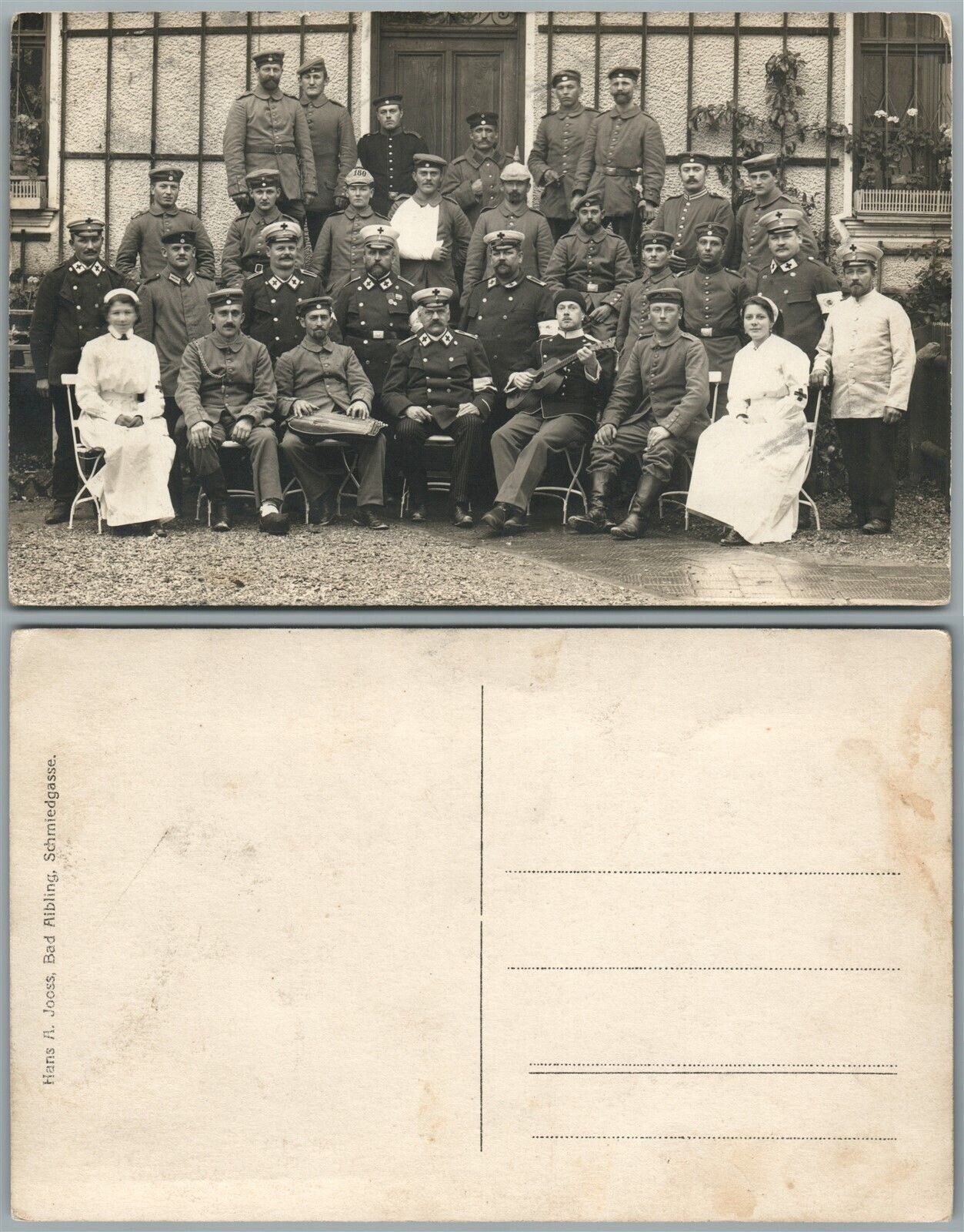 RED CROSS OFFICERS NURSES WWI ANTIQUE GERMAN REAL GROUP PHOTO RPPC GUITAR PLAYER