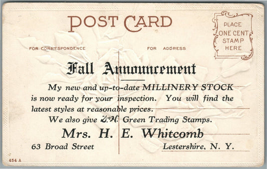 LESTERSHIRE NY MILLINERY STOCK GREEN TRADING CARDS ADVERTISING ANTIQUE POSTCARD