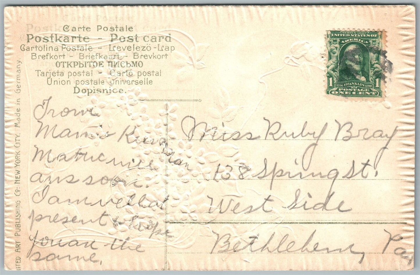 KRESGEVILLE PA GREETINGS EMBOSSED ANTIQUE POSTCARD