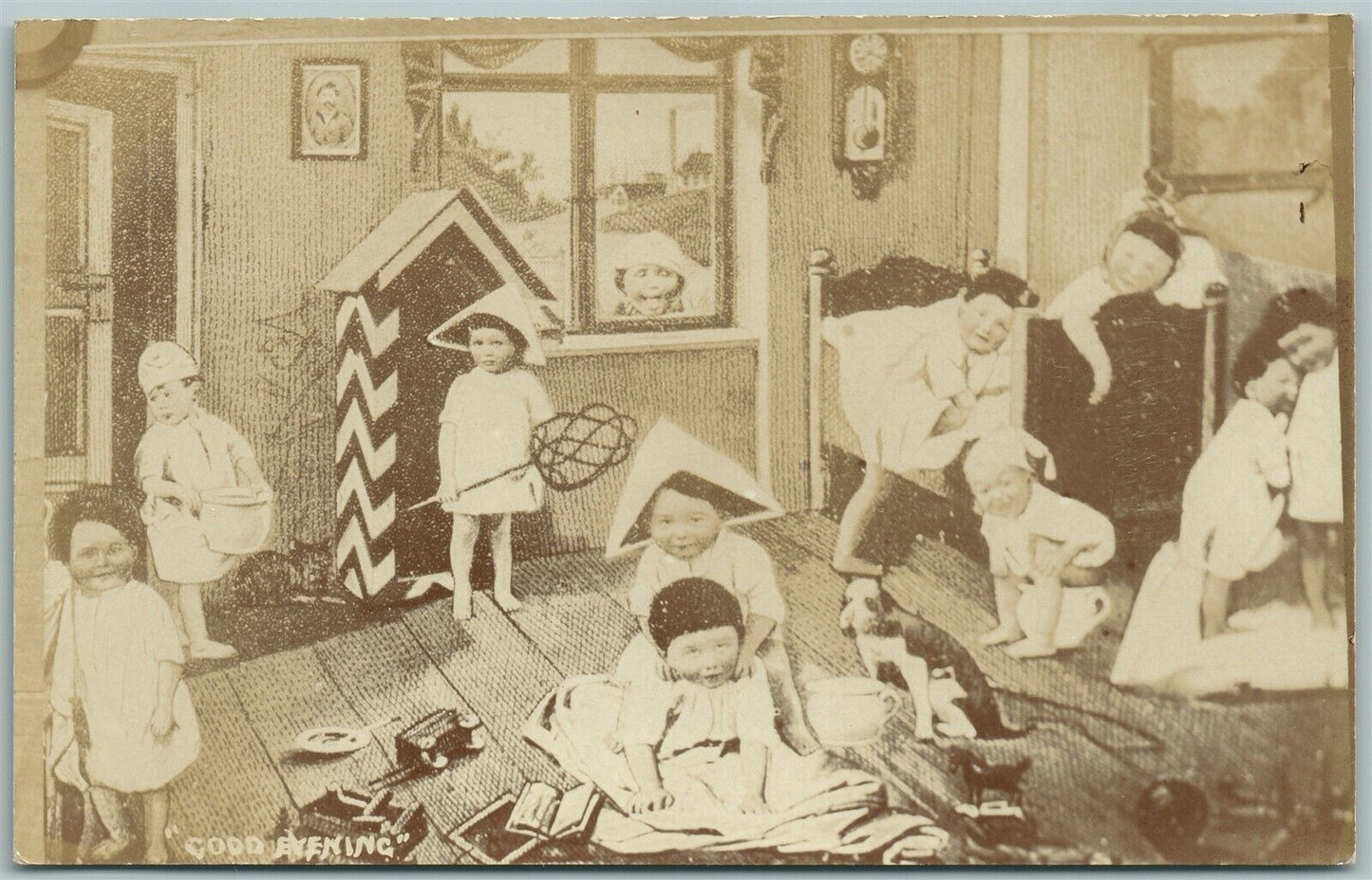 MULTIPLE BABIES EVENING PLAY ANTIQUE POSTCARD