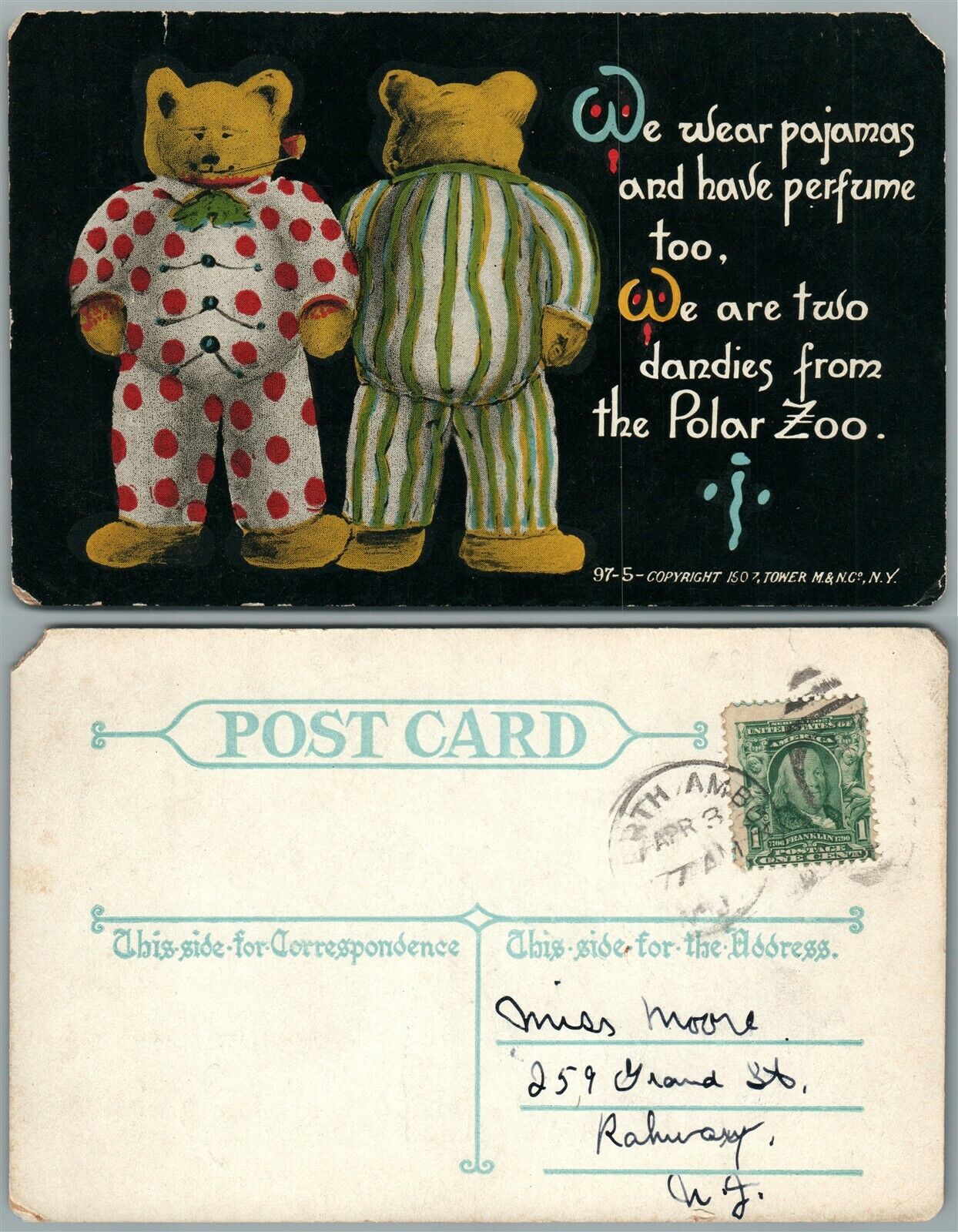 BEARS DANDIES FROM POLAR ZOO 1907 ANTIQUE POSTCARD USING PAJAMAS & PARFUME
