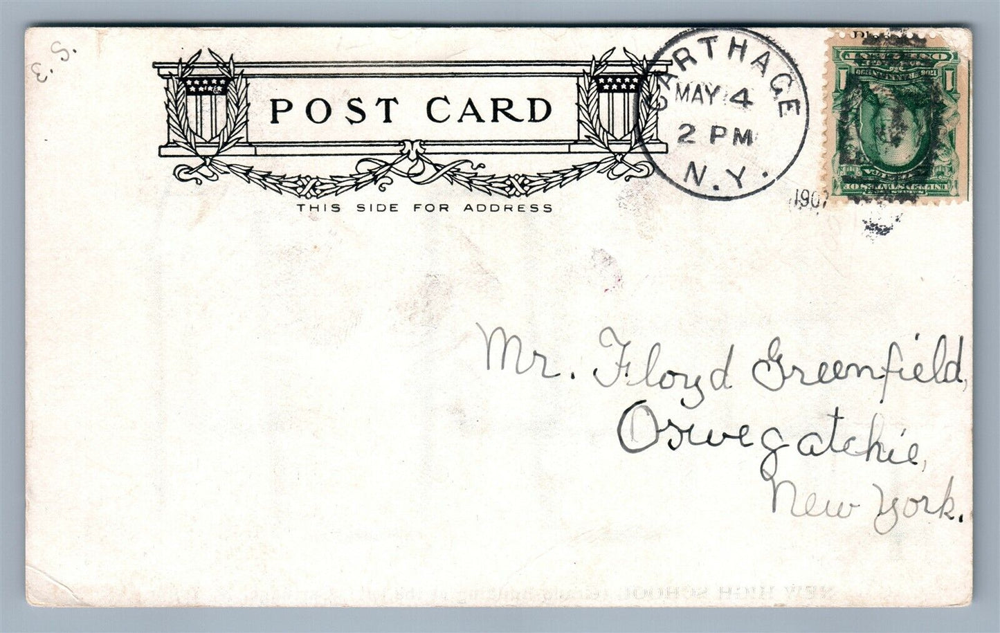 CARTHAGE NY NEW HIGH SCHOOL ANTIQUE POSTCARD w/ CORK CANCEL