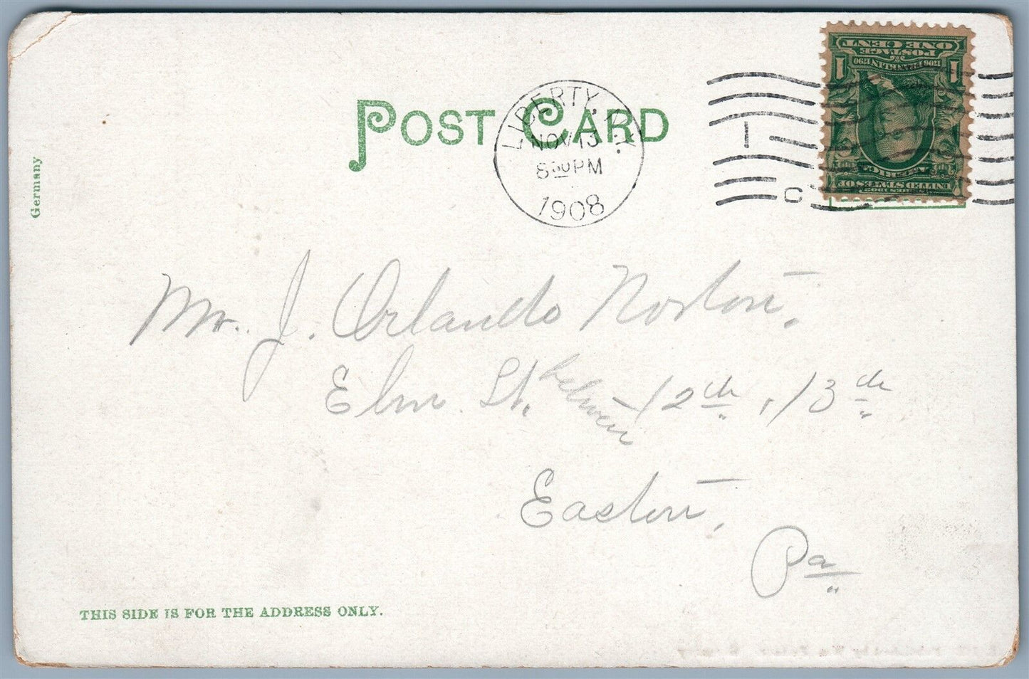 LIBERTY NY NORTH MAIN STREET 1908 ANTIQUE POSTCARD