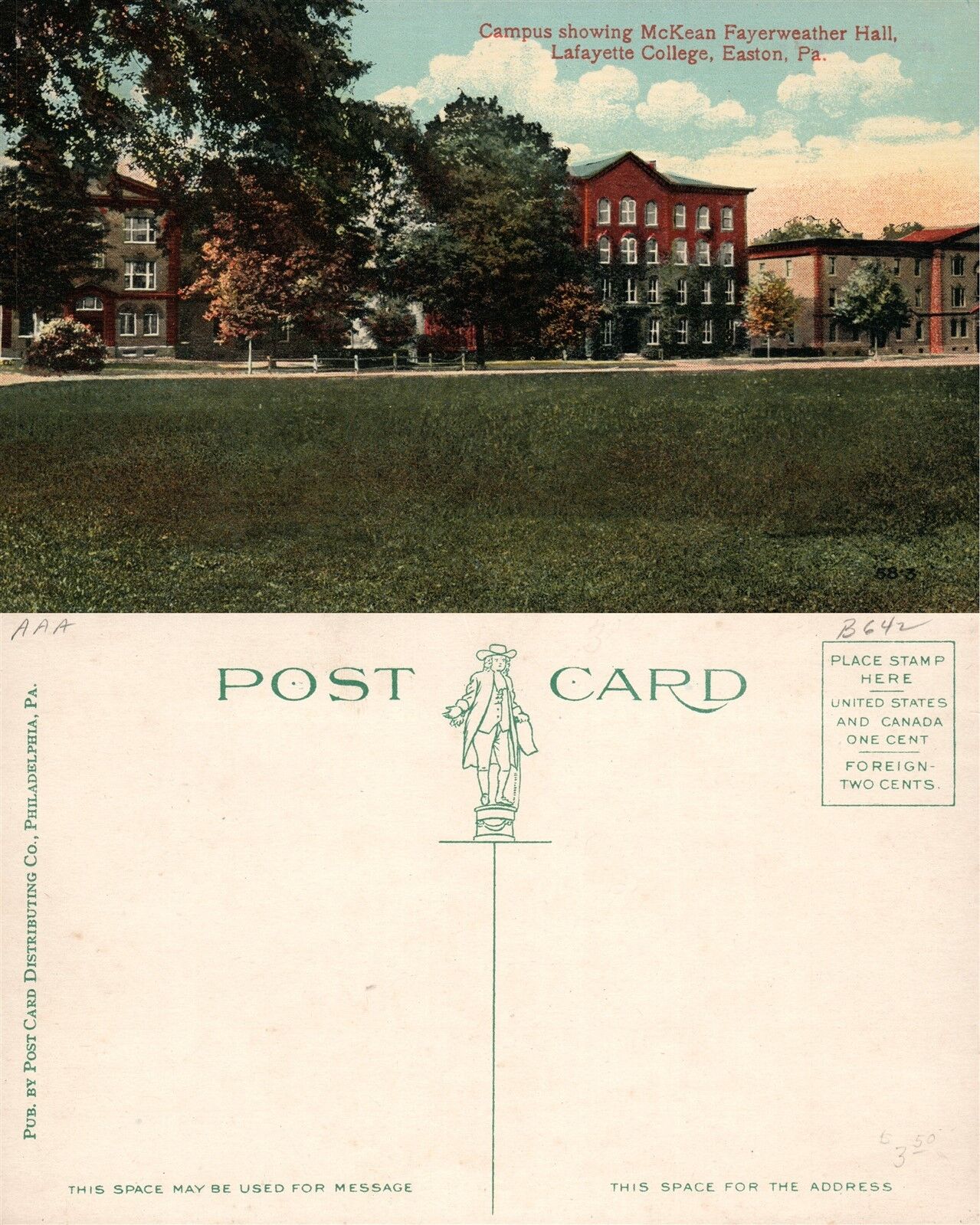 EASTON PA LAFAYETTE COLLEGE CAMPUS McKEAN FAYERWEATHER HALL ANTIQUE POSTCARD