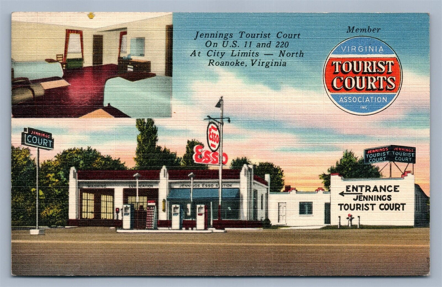 ROANOKE VA ESSO GAS STATION JENNINGS TOURIST COURT VINTAGE POSTCARD